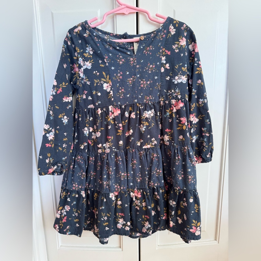 OshKosh B'gosh Dark Gray Blue Floral Tiered Long-Sleeve Dress with Pink Flowers